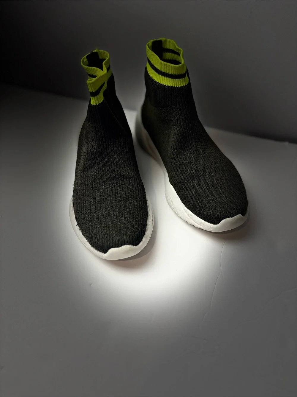 Zara Black Knit Sock Sneakers with Neon Yellow Stripe